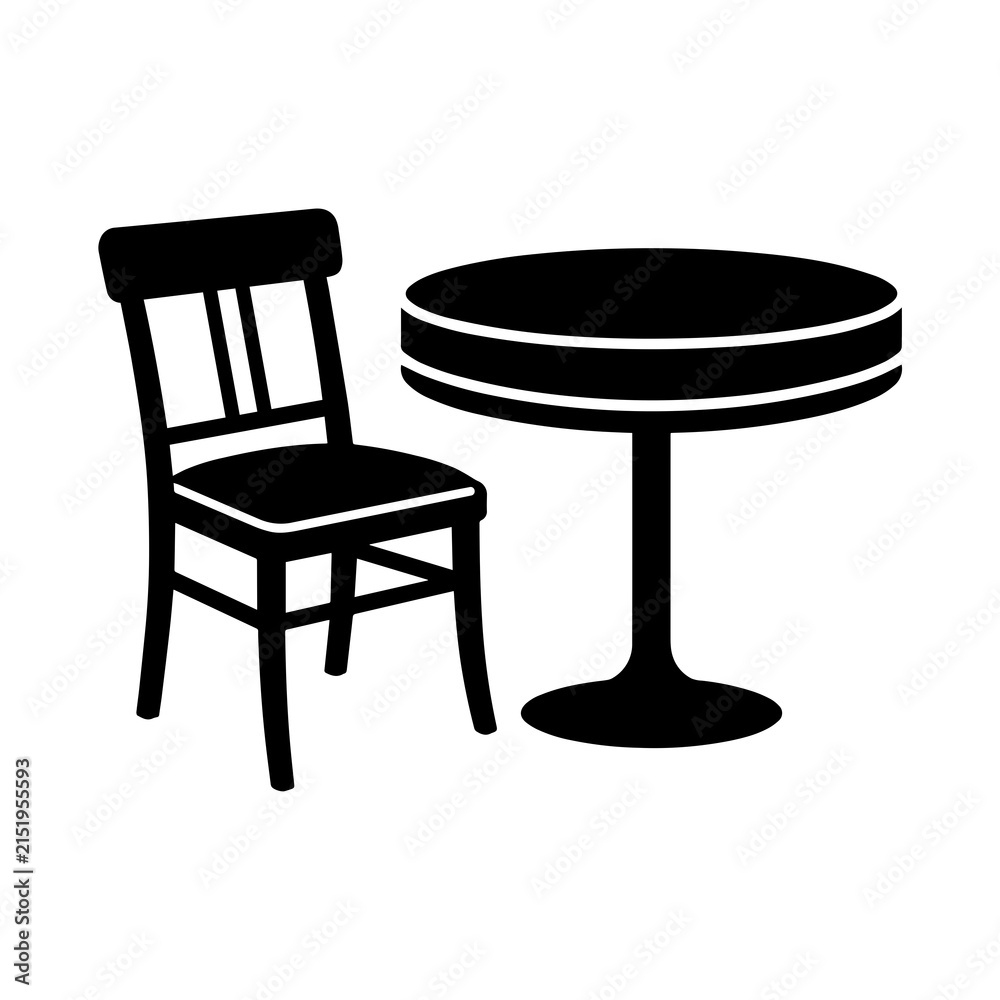 Fototapeta premium Black and white of a wooden chair with a slatted back next to a round dining table, isolated on a white background, furniture