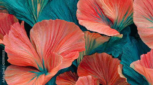 Vibrant coral petals with teal accents in abstract floral pattern with illustration composition background decorative ornamental colorful with artistic
