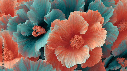 Abstract floral composition featuring intricate coral and teal petals with detailed textured organic patterns with abstract layered flowers radiating textured lines