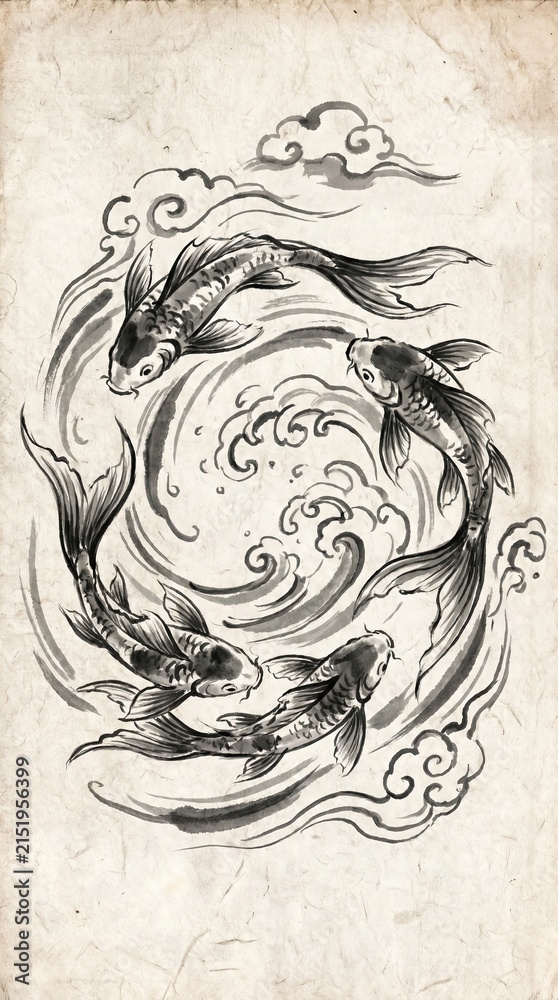 Fototapeta premium Prosperity Fish Background, Festive Koi New Year, Golden Koi Holiday Art, Monochrome Ink Illustration of Fish in Swirling Water