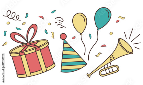 Colorful Party Celebration Illustration with Gift Box, Balloons, Hat and Trumpet for Birthday or Festive Design

