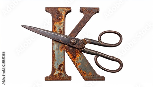 Rusty Metal Letter K with Scissors Overlay