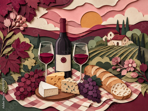 Elegant paper-cut still life featuring a bottle of red wine, two filled glasses, grapes and curling vine leaves.