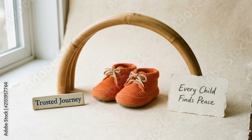 Small orange knitted baby booties rest under a rustic bamboo arch with encouraging quote cards. This heartwarming still life represents a peaceful and trusted journey for a newborn and family life now