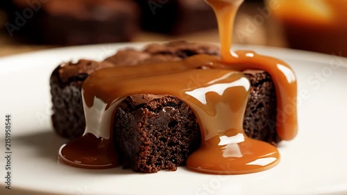 Salted caramel sauce pouring over rich chocolate brownie.