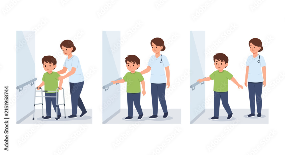 Fototapeta premium Physical Therapy Progression: Child with Walker, Handrail, and Independent Walking