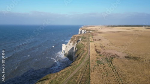 Drone aerial push forward shot of dramatic white chalk cliffs in Flamborough Yorkshire