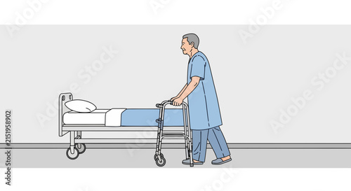 Elderly man with walker by hospital bed