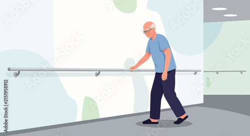 Elderly man walking with handrail, assisted mobility, health support