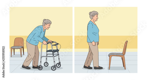 Elderly woman uses walker, then walks independently, isolated on white background.