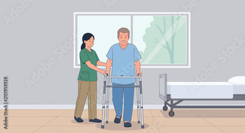 Elderly man with walker, assisted by nurse, recovering in hospital room