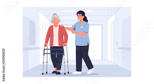 Elderly woman with walker and caregiver in hallway