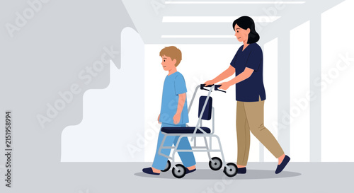 Nurse assisting child with walker in hospital corridor