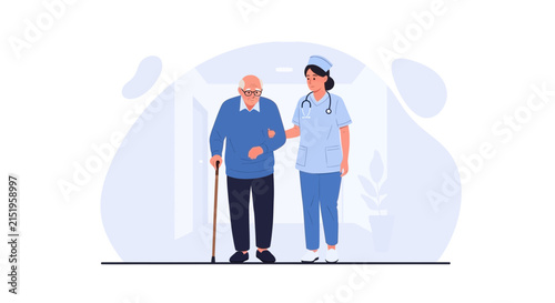 Nurse assisting elderly man walking with cane, healthcare support