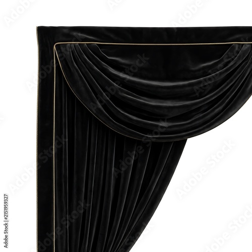 Elegant black velvet curtain swag with draped fabric folds isolated on a clean white background