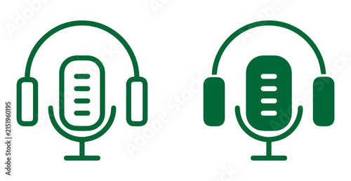 Podcast microphone and headphones audio recording communication streaming studio equipment icon PNG.