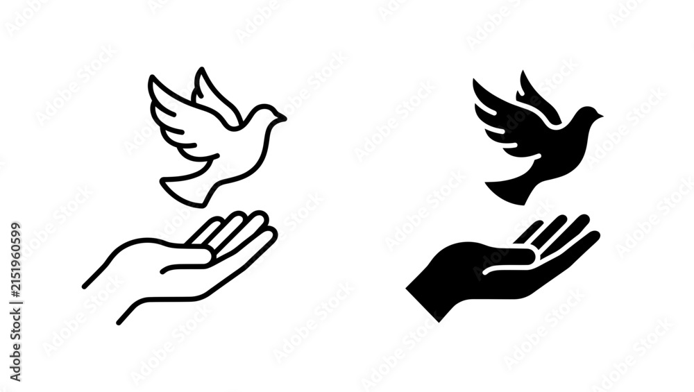 Fototapeta premium Minimalist Peace Dove Flying Above Open Hand Icon Set