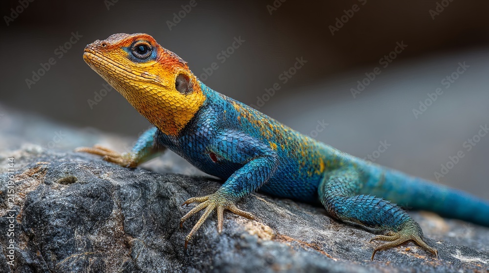Fototapeta premium Vibrant agama lizard featuring brilliant orange head and textured blue scales captured in sharp macro detail with natural light exposure