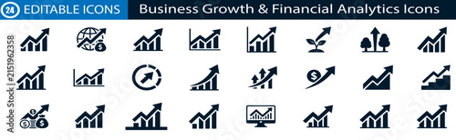 Set of 24 business growth and financial analytics icons vector illustration
