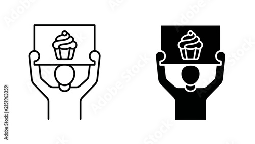 Person holding a sign with a cupcake icon illustration