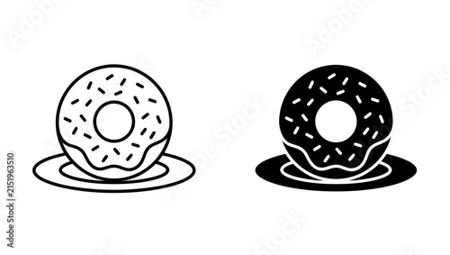 Set of black and white donut icons on plates