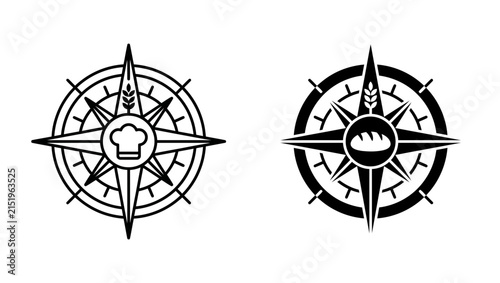 Set of culinary navigation compass icons with chef hat and bread