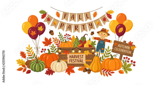 Autumn harvest festival vector illustration, fall party celebration banner with pumpkins and scarecrow, seasonal foliage background