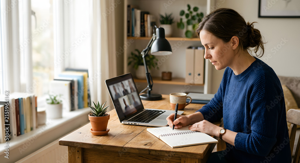 Fototapeta premium Professional woman working from home, taking notes during an online video conference on her laptop in a cozy home office.