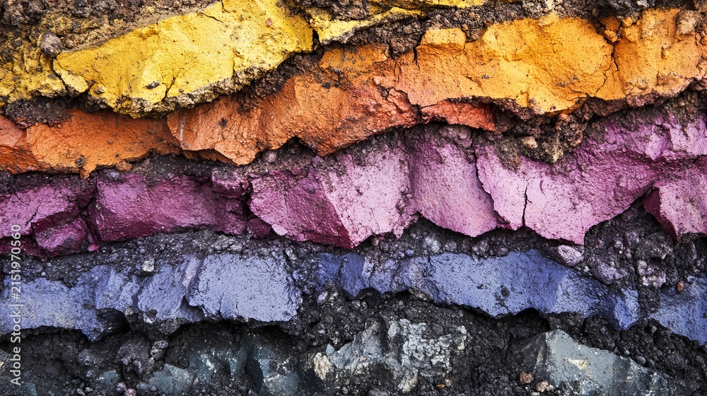 Obraz premium Vivid geological strata display layered colorful earth textures featuring bold yellow orange purple and blue hues in dramatic natural formations