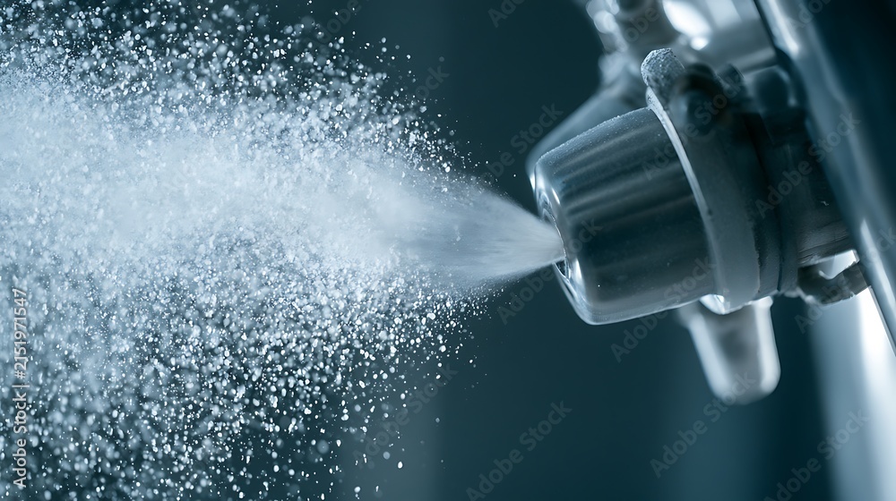 Obraz premium Industrial spray nozzle releasing fine water mist in a dark setting.