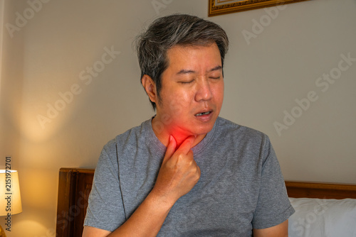 Sore throat infection concept showing patient with pain and cough symptoms in medical healthcare setting for diagnosis and treatment illustration.