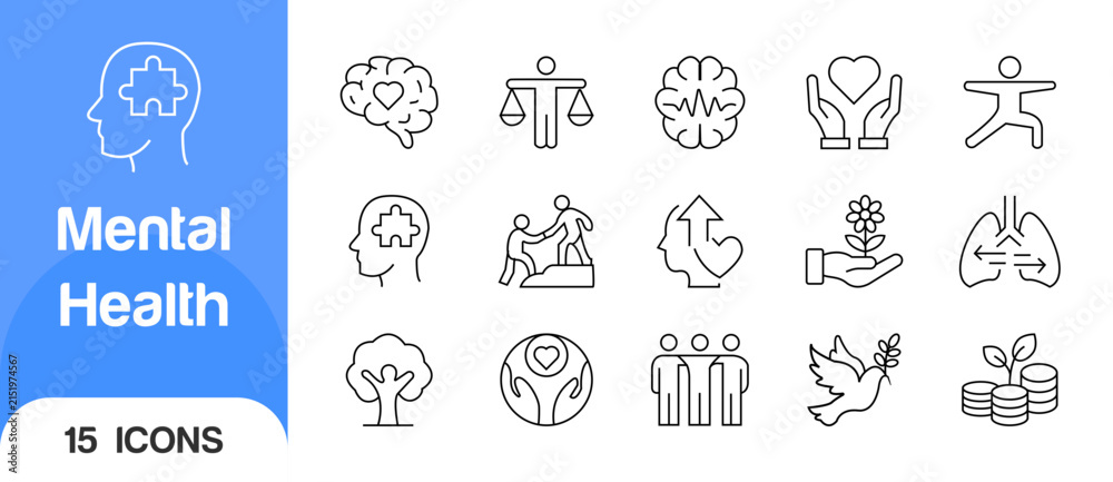 Fototapeta premium Mental health line icon set psychology, self care, mindfulness, emotional wellbeing, support, and brain vector icons collection