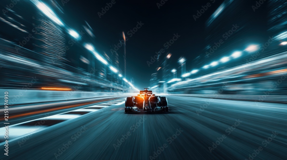 Fototapeta premium Formula one race car speeding on a city street motion blurred photograph racing motorsport automotive