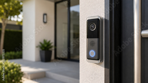 Smart video doorbell with security camera installed at modern home entrance