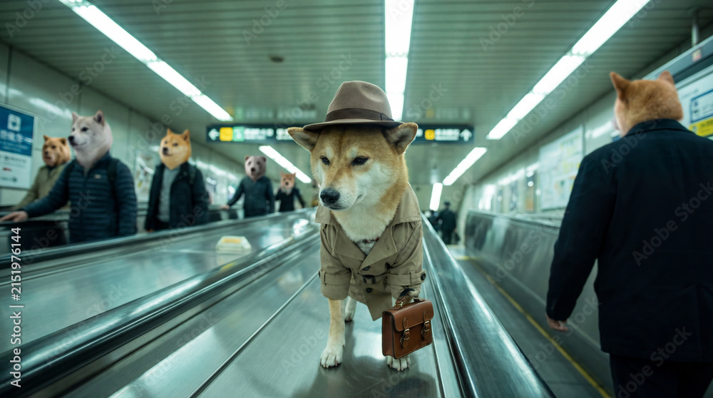 Fototapeta premium Dog traveling in airport, creative anthropomorphic lifestyle scene exploring animal behavior, responsible care, companionship, wellbeing, humane values, education, modern lifestyle