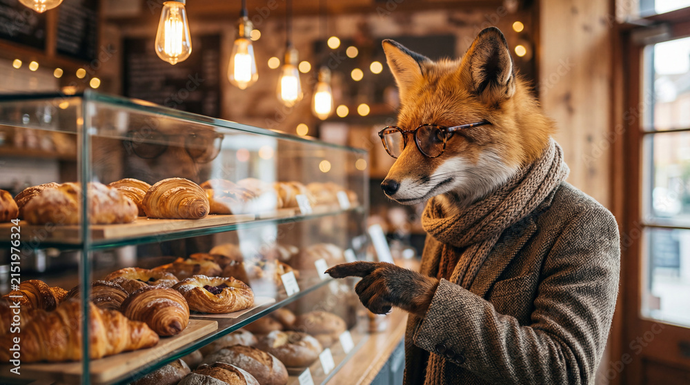 Fototapeta premium Fox shopping in bakery, creative anthropomorphic lifestyle scene showing animal welfare, responsible care, wellbeing, humane values, education, community awareness, for humane community awareness