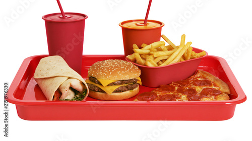Fast food meal with burger fries pizza wrap, and drinks