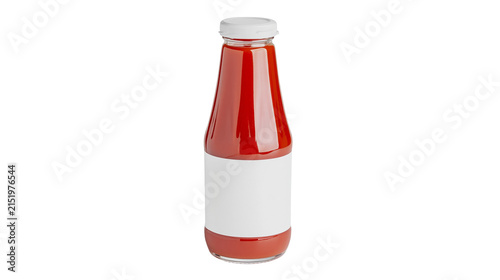 Glass bottle with red sauce and white label