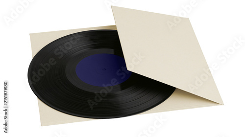 Black vinyl record with blue label in cream sleeve