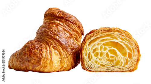 Obraz na plátne Golden brown croissant cut in half showing flaky layers