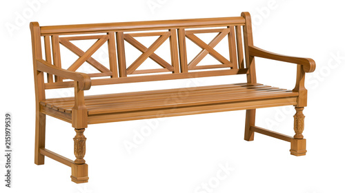 Foto Wooden garden bench with slatted seat and decorative backrest