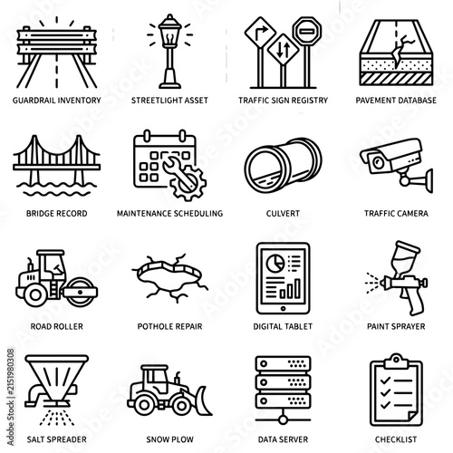 Sixteen black and white outline depicting road maintenance equipment, infrastructure assets, digital tools, and traffic safety monitoring
