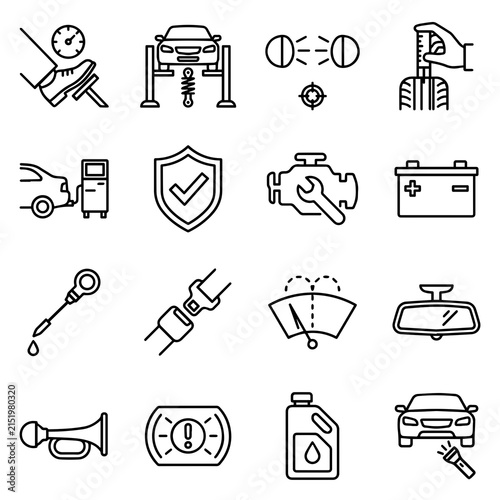 Sixteen black and white outline representing automotive maintenance, vehicle inspection, car parts, and road safety equipment symbols