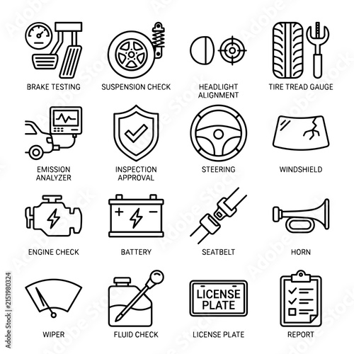 Sixteen black and white outline depicting vehicle maintenance, automotive inspection, car safety components, and road transport services