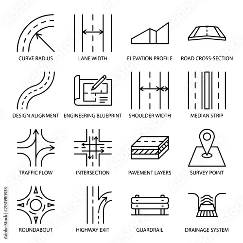 Sixteen black and white outline representing civil engineering, road traffic flow, and highway infrastructure planning symbols