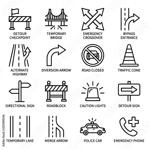 Sixteen linear representing road construction, traffic safety, detours, and emergency management on urban highways