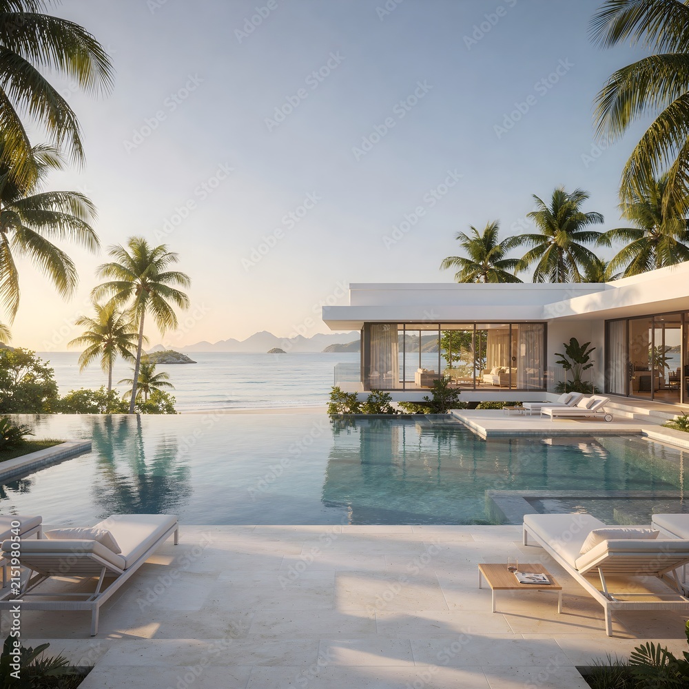 Fototapeta premium Resort overlooking crystal-clear turquoise ocean and elegant modern villa with pool