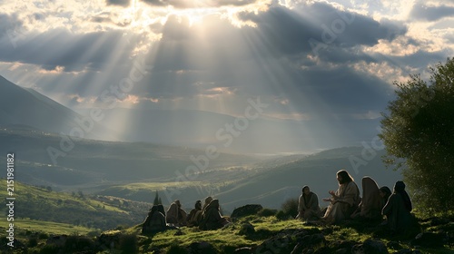 Jesus christ teaching his disciples on a hillside with dramatic sun rays breaking through clouds