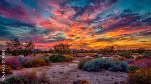 Colorful arizona desert sunset landscape near phoenix, dramatic orange and pink sky over rugged sonoran desert mountains and cactus covered terrain, scenic southwestern nature at golden hour, peaceful