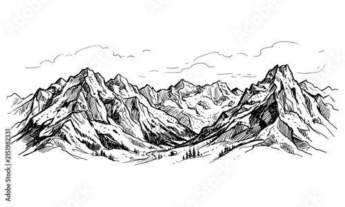 Hand drawn mountain range illustration features textured peaks and sparse clouds